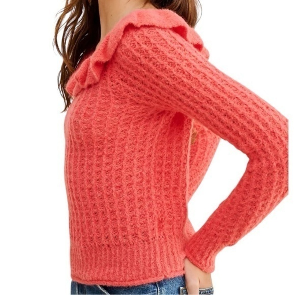 Anthropologie Women’s Size XL Pink Fluffy Ruffled Boatneck Sweater